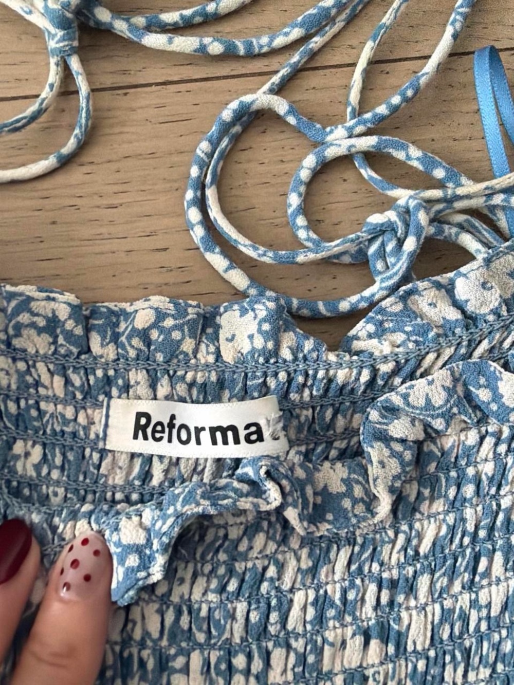 Reformation Blue and White Floral Smocked Midi Dress with Spaghetti Straps - Picture 3 of 3